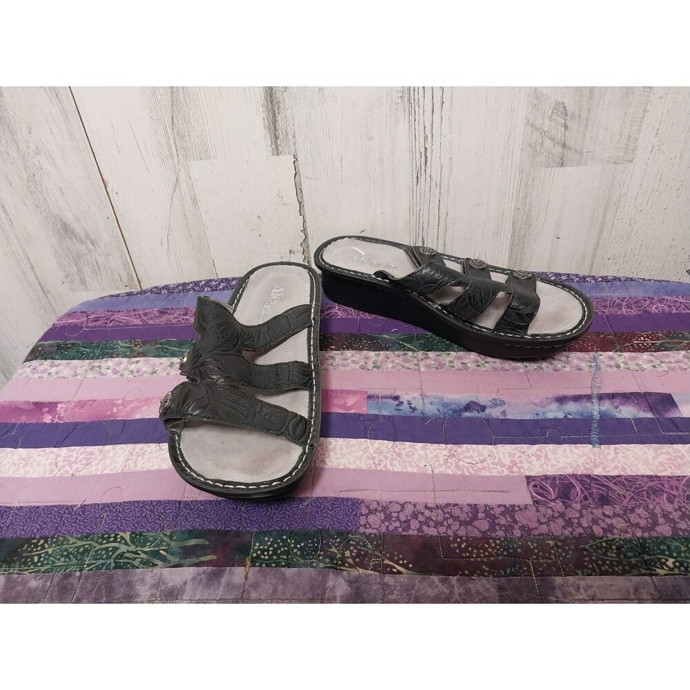 Alegria Dinah Black Slide Sandals Women Size 38 Tooled Leather Comfort